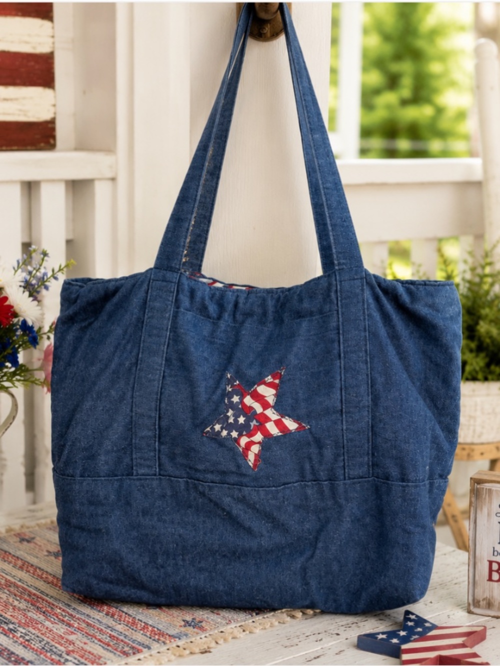 Handmade Reversible Quilted Tote Bag: Americana Denim, Patriotic Star, Market Ba